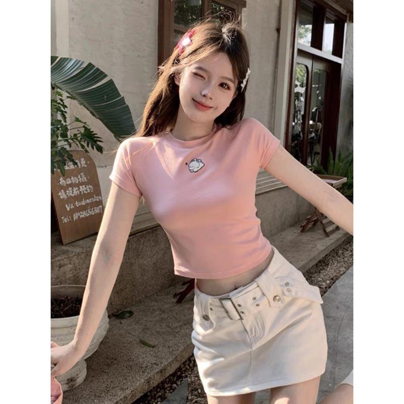 New slim-fit short inner top rabbit embroidery pink open-button front shoulder short-sleeved sweet and spicy T-shirt for women