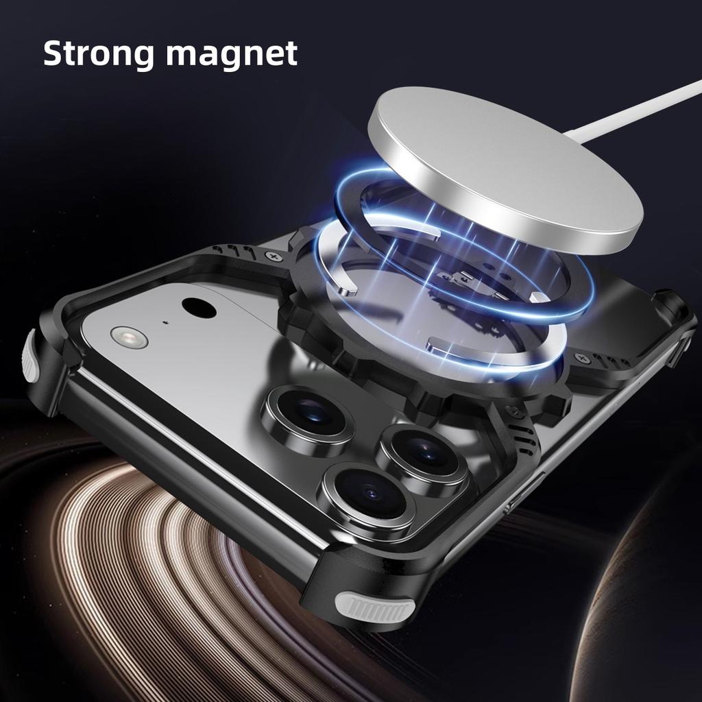 Aluminum Magnetic Luminous Hollow Rimless Bumper Stand Case for iPhone 17 Pro Max / 17 Pro / Air Metal Wireless Charging Cover