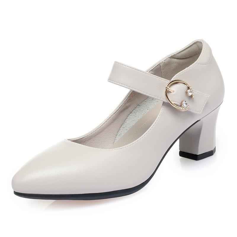 Shoes spring and autumn 2 new soft-soled thick heel one-word buckle high-heeled single shoes women's medium heel round head women's leather shoes