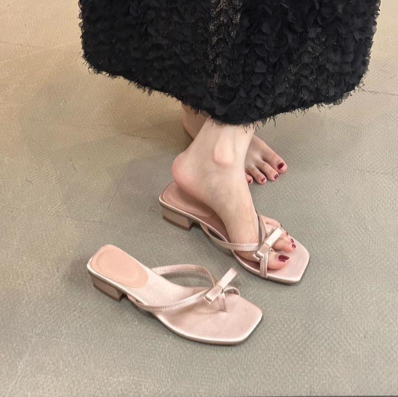 Thick heel bow slippers fairy outer wear 2025 new summer French beautiful small sandals toe vacation sandals
