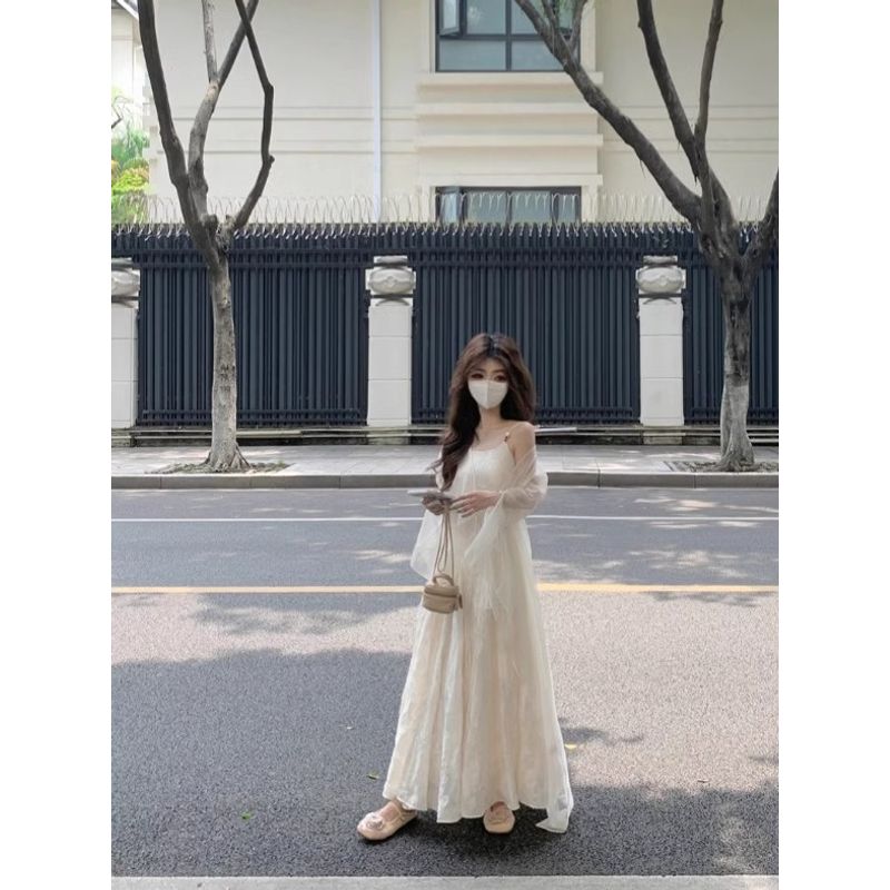 Kumikumi Cool Slip Dress Women Summer Temperament Waist Hugging Slimming Dress Fairy A- line Dress Long Skirt
