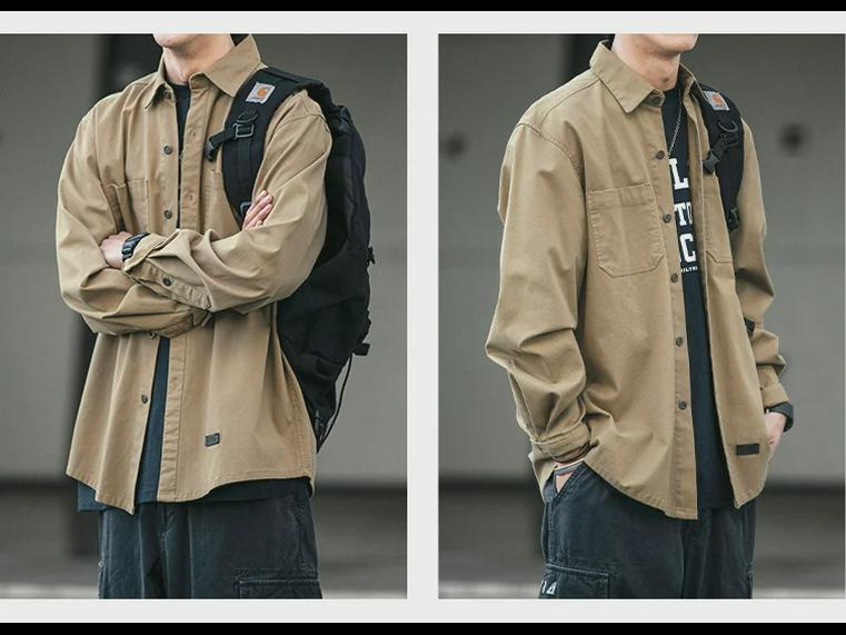 Men's Long Sleeve Japanese Retro Work Shirt - Korean Style Trendy Loose Fit with Pocket, Versatile Youth Casual Jacket.