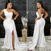 Lady Evening Dress One Shoulder Sleeveless Split Hem Solid Color Pleated Solid Color Prom Cocktail Party Maxi Dress Ball Gown
