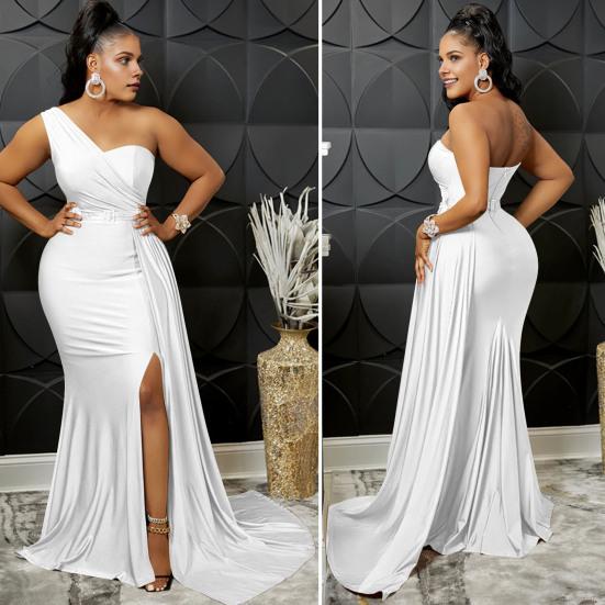 Lady Evening Dress One Shoulder Sleeveless Split Hem Solid Color Pleated Solid Color Prom Cocktail Party Maxi Dress Ball Gown