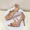 Fashion Pink Bling Cross Tied Brand Heeled Sandals Women Fashion Square Toe Ankle Buckle Design Slide Sandals Luxury Party Dress Shoes