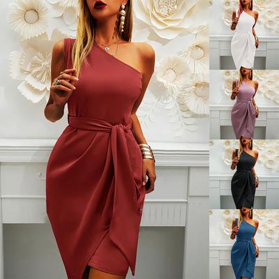 Women's Summer One Shoulder Dresses Slim Fit Casual Ruched Cocktail Party Club Tie Waist  Dress