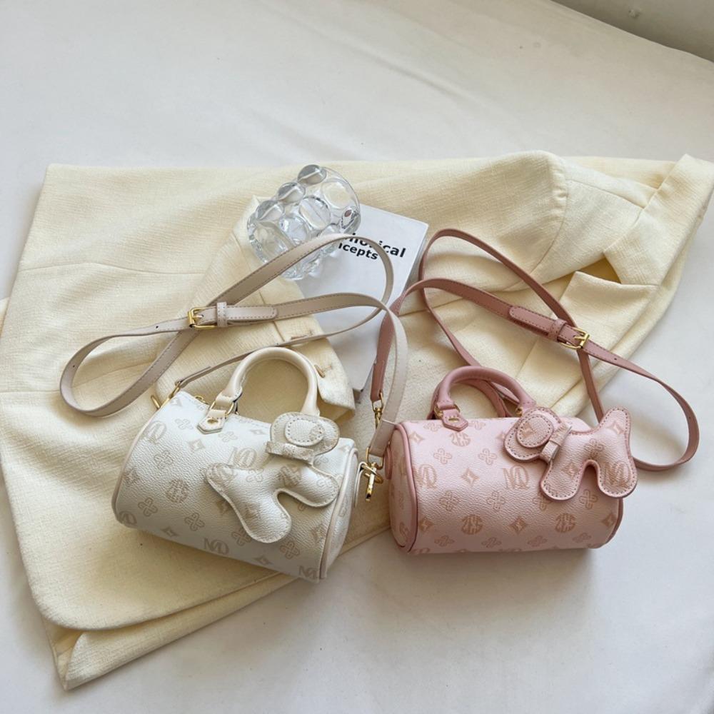 Portable PU Print Crossbody Bag Square Shape Solid Color Fashion Shoulder Bag with Pendnat Tote Bag