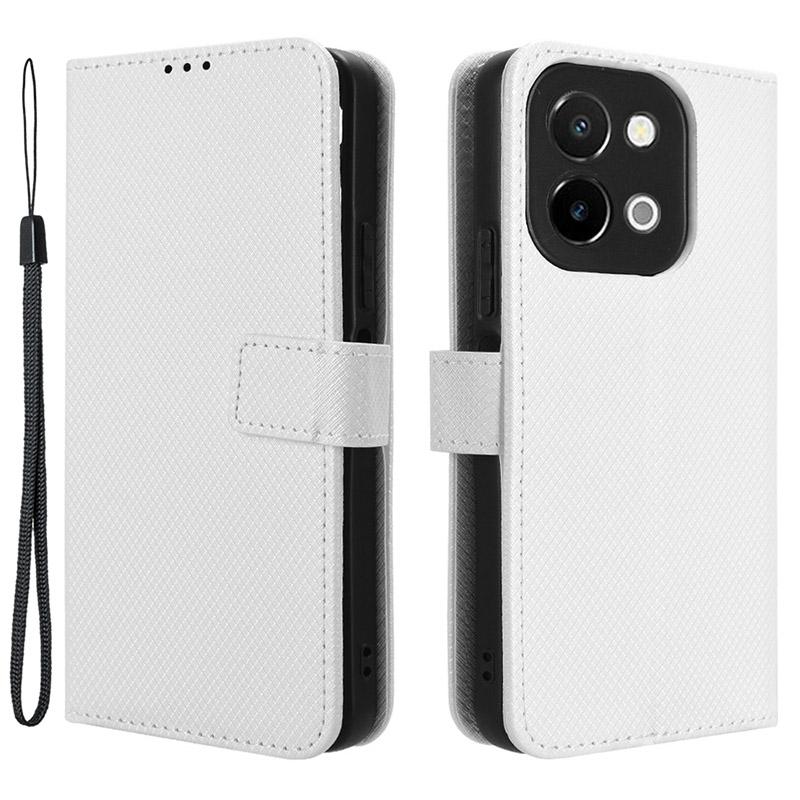 

For vivo Y28 4G Case Flip Stand Wallet Diamond Texture Anti-Drop Leather Phone Cover White