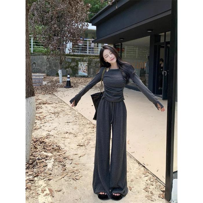 

Spice Girl Design Sense Neck Drawstring Long Sleeve T-Shirt High Waist Wide Leg Pants Women s Autumn New Fashion Suit M темно-серого