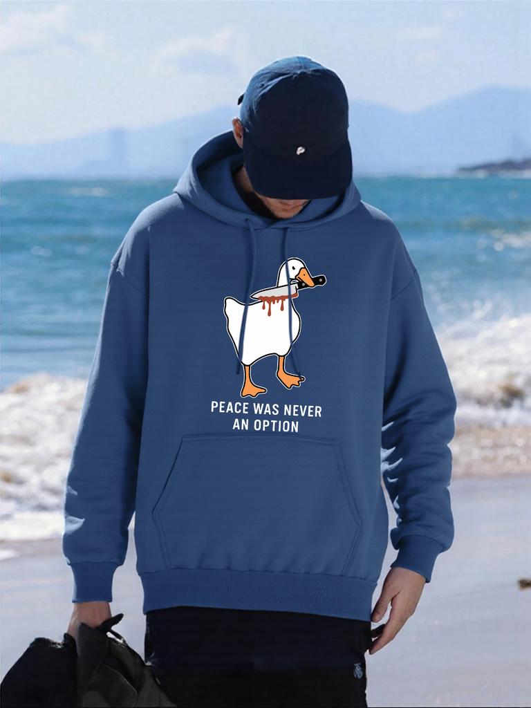 Peace Was Never An Option Duck Printing Hoody Men Hip Hop Fleece Hoodies Casual Loose Pullovers Comfortable Pocket Sportswear