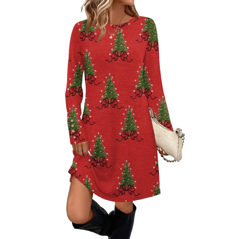 Women'S Dress Christmas Long-Sleeved Dresses Printed Round Neck Fashion Casual Dresses Pockets Decorative Buttons Autumn Winter