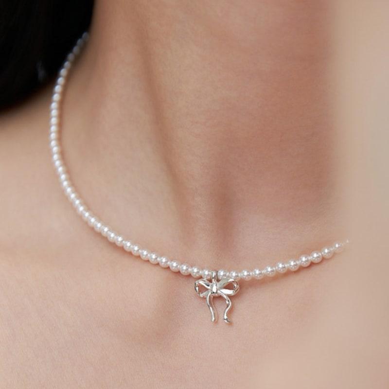 Dmoment (925Silver) Bow De Pearl Necklace