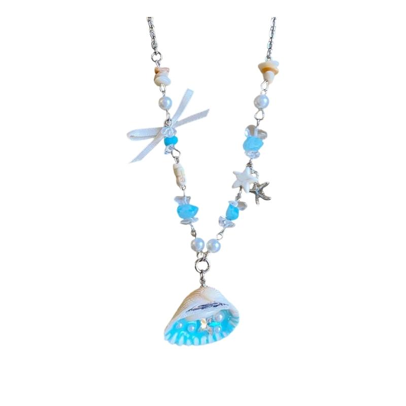 Stylish Ocean Themed Blue Shell or Starfish Beaded Necklace Pendant Neckchain For Holidays And Casual Wear