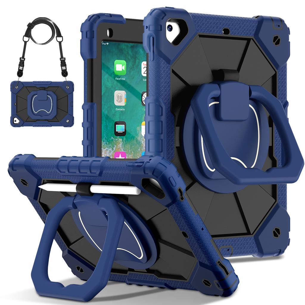Heavy Duty Case for iPad 9.7 6th 5th Pro 9.7 Inch Silicone + PC Shockproof 360° Rotating Stand Tablet Cover with Shoulder Strap