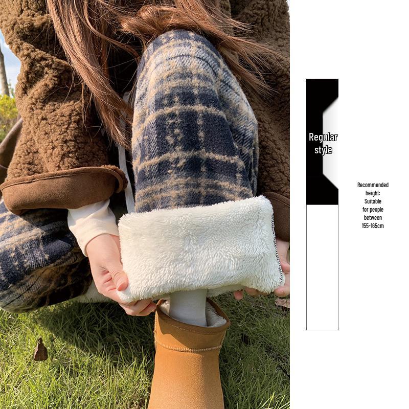 

Women s High Waist Woolen Plaid Pants - Brown Plush, Autumn/Winter, Straight or Wide Leg Options M (95-110 lbs)
