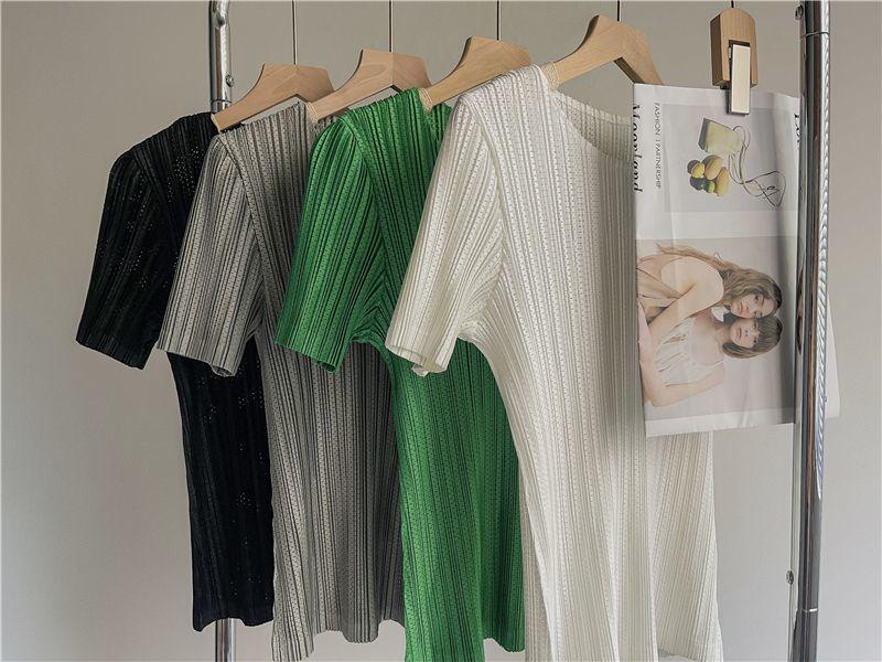 Miyake 2023 Women's Summer Pleated Short Sleeve Slimming T-Shirt with Round Neck and Hollow Out Design