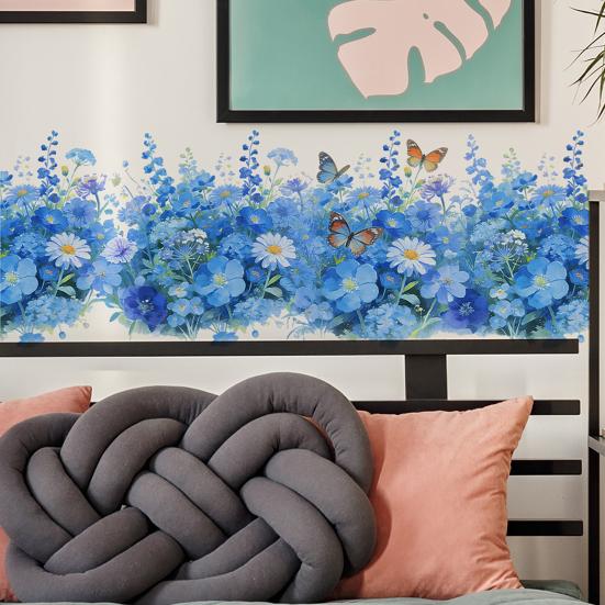 Watercolor Wall Stickers, Blue Flower Butterfly Decals for Bedroom Living Room, Removable PVC Art Decor for Wall Mural