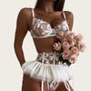 Set Lingerie Femei Lenjerie Sexy Push Up cu Bretele Brodat Plasă Transparent Set Lingerie Chiloți Transparenti Sutien Set 3 Piese