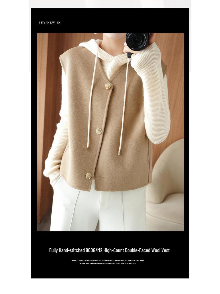 Women's Wool Blend V-Neck Vest: Petite Sleeveless Cardigan with Shoulder Pads, 100% Double-Faced Wool for Autumn & Winter.