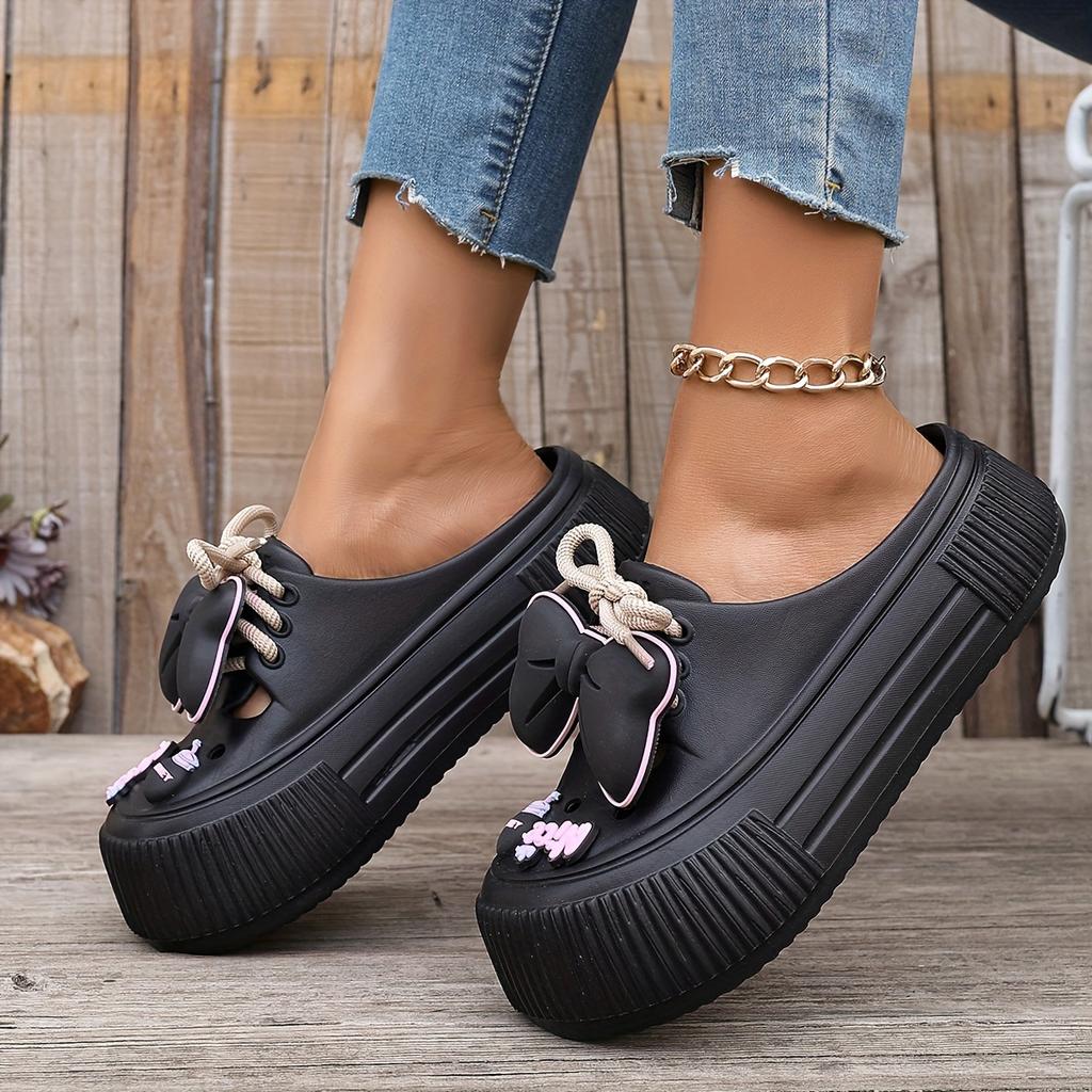 Women's Bow Decor Platform Clogs, Stylish Closed Toe Summer Beach Slide Shoes, Fashion Outdoor Lace-up Beach Garden Sandals