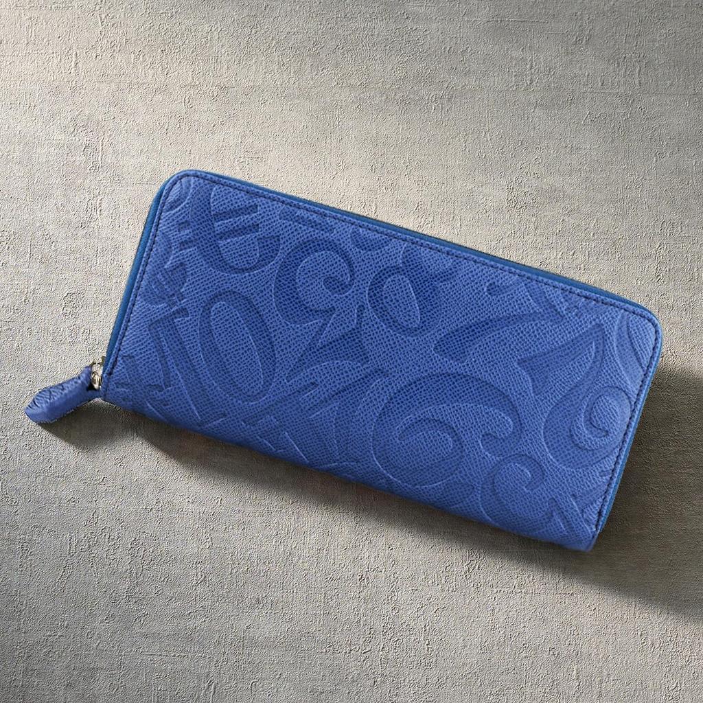 [Frank Miura] Long Wallet, Round Zipper, Embossed, Men's & Women's, Big Money (Embossed Blue)