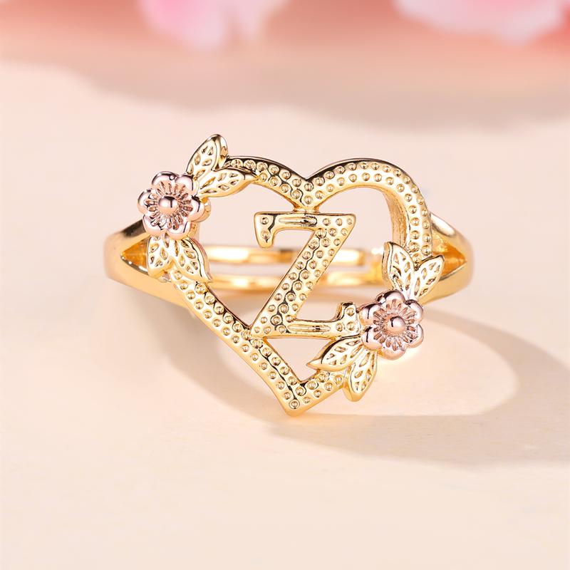 

Кольца с инициалами и цветком в форме сердца, регулируемые нежные кольца с буквами и листьями золотого цвета для женщин и девочек, ювелирные изделия с алфавитом Z золотой