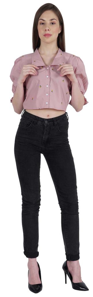 Moomaya Puff Sleeve Crop Top For Women Solid Button Down Collar Designer