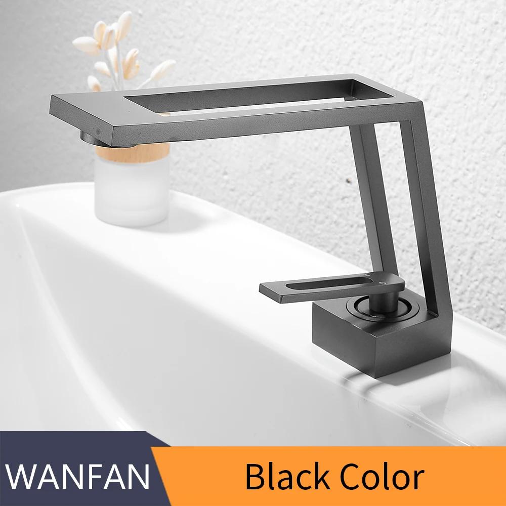 New Design Matte Black Single Hole Single Handle Hot and Cold Waterfall Deck Mounted Bathroom Skeleton Basin Faucet (Black,Brass)