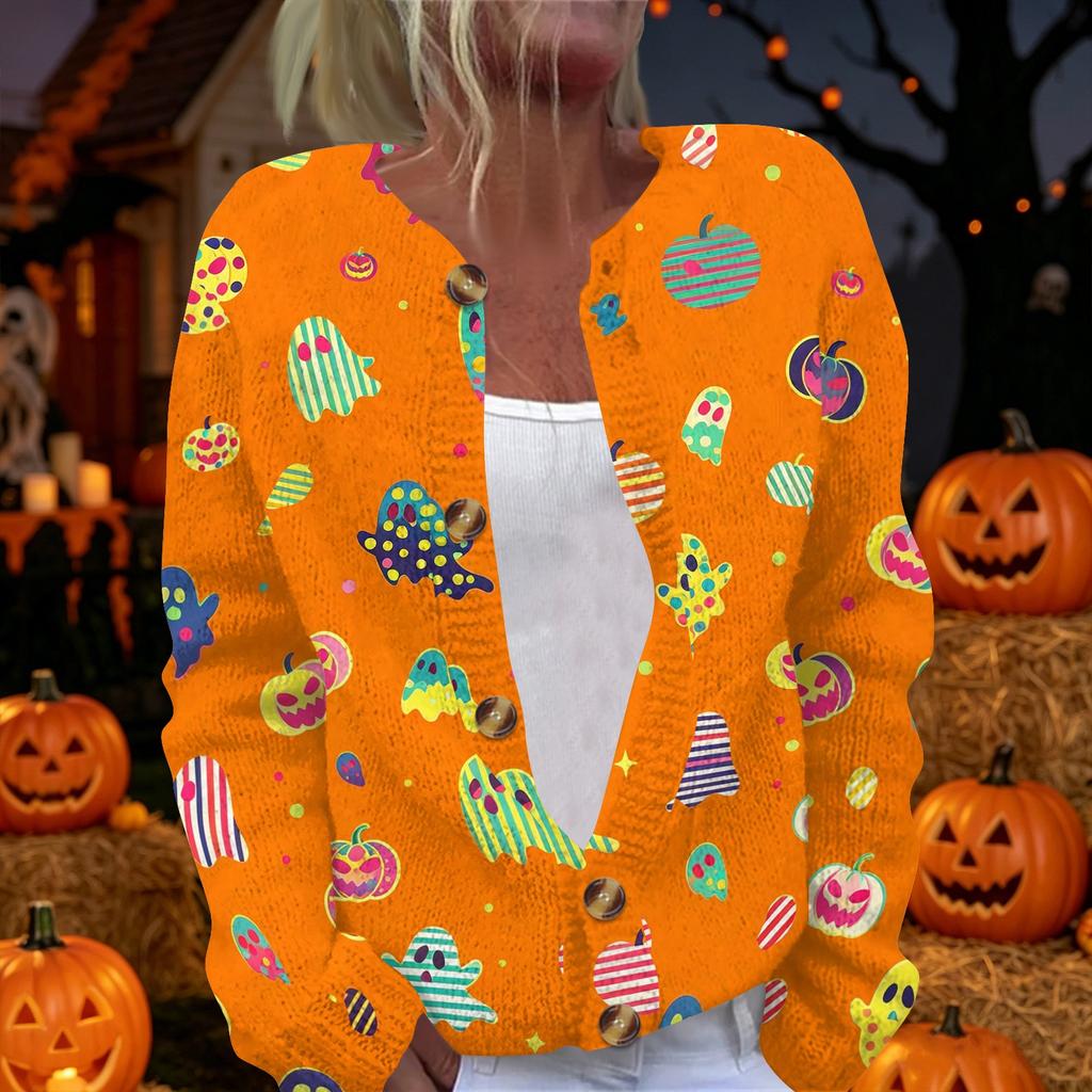 Damen Halloween Print Langarm Strick Cardigan Knopfleiste Pullover Mantel Leichte Oberbekleidung für Herbst und Winter
