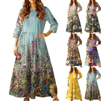 Women's Casual Fashion Floral Print Three-quarter Sleeve Long Dress With Pockets