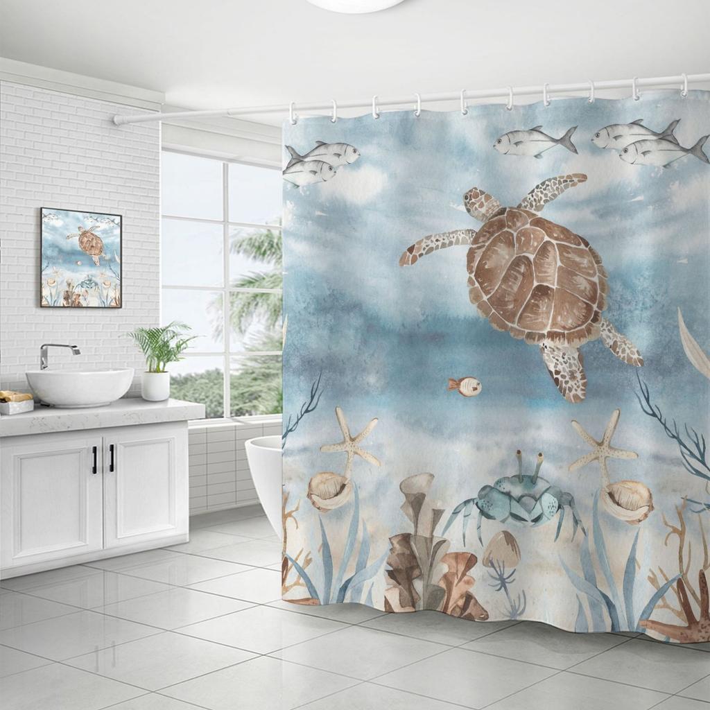 Bathroom Shower Curtain Four-piece Digital Printing Sand Underwater World Waterproof Shower Curtain Shower Curtain Partition Curtain Bath Mat