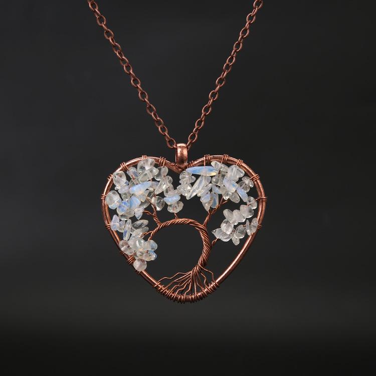 Hand-Wrapped Retro Natural Gravel Tree Of Life Colorful Heart-Shaped Curved Fortune Tree Necklace N33