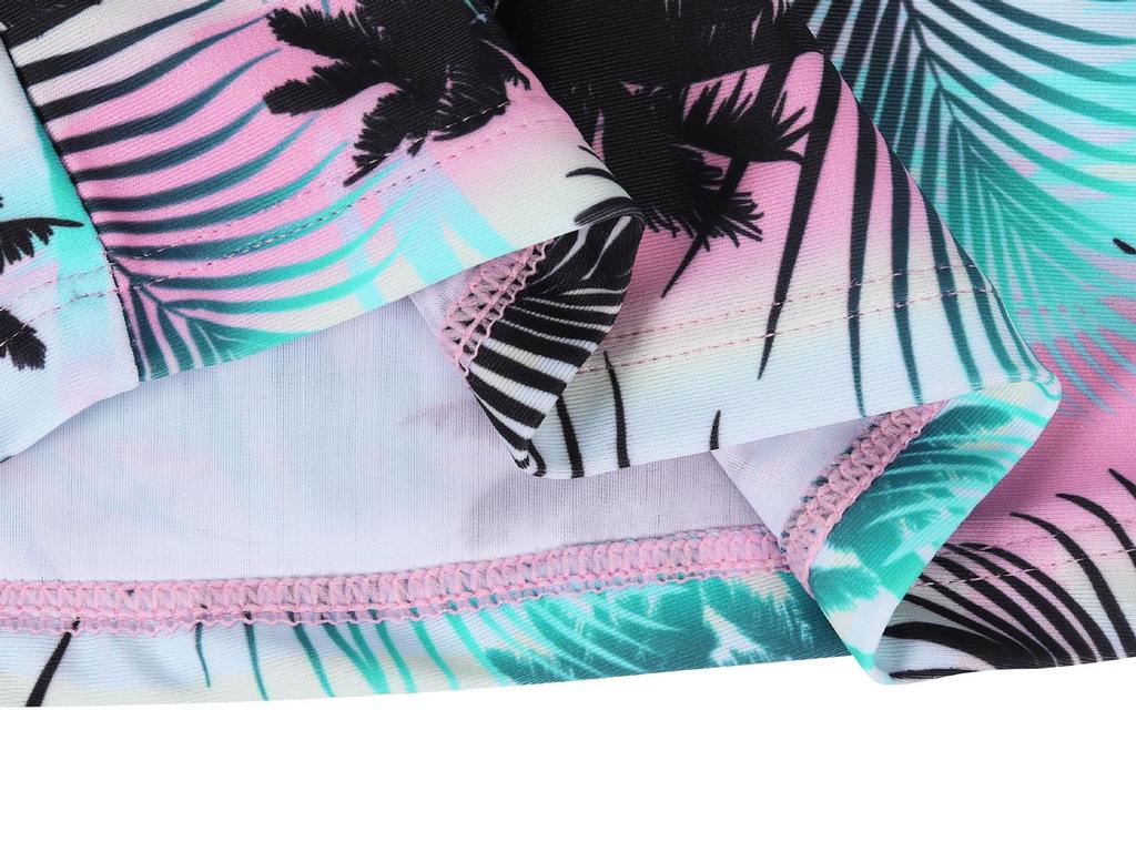 Tropical Plant Print Girls' Long-Sleeved Swimsuit Set with Ruffle Bottoms - Quick-Dry & Sun Protection