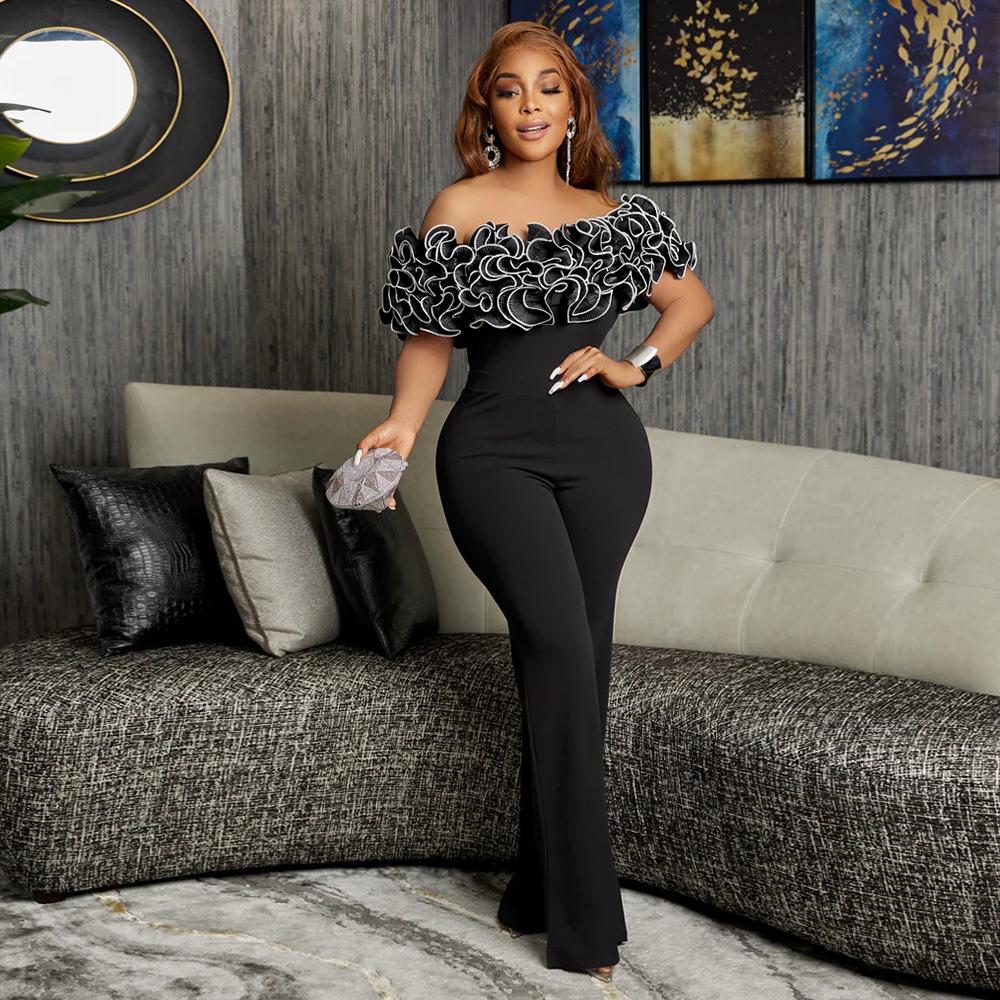 Women's One-Shoulder Lace Jumpsuit with Ruffle Detail