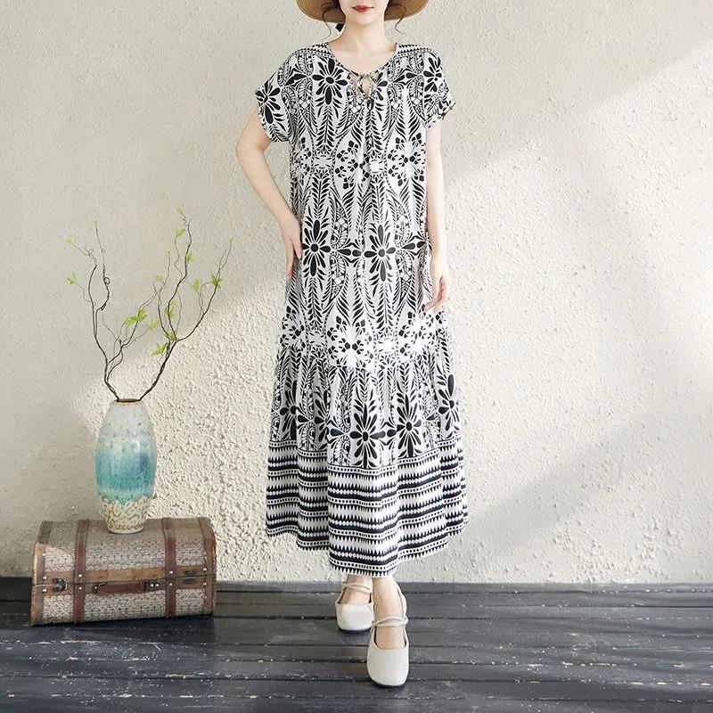 Dress for Woman Cotton Summer Plus Size Loose Floral Vintage Casual Printed Soft Long Holiday Dresses
