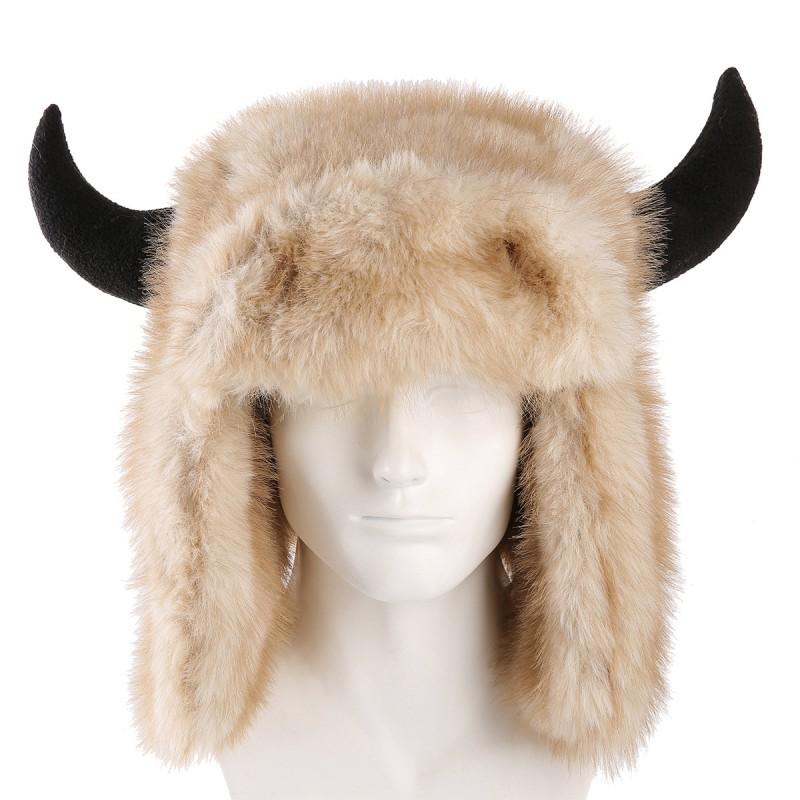 Thick Fleece Winter Hat With Horn Ears Unisex Warm Beanie Cold Weather Outdoor Party Streetwear