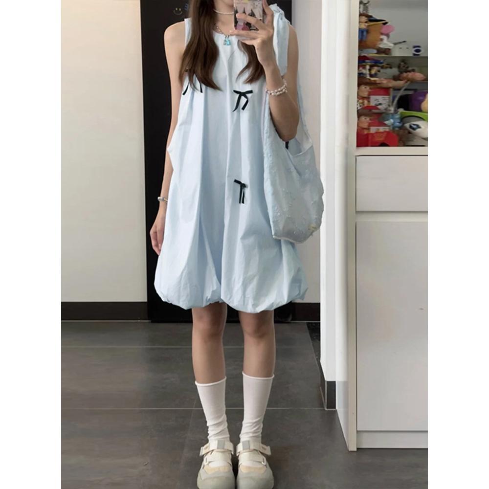 Sweet wind blue sleeveless vest dress gentle temperament loose fluffy bud short skirt summer