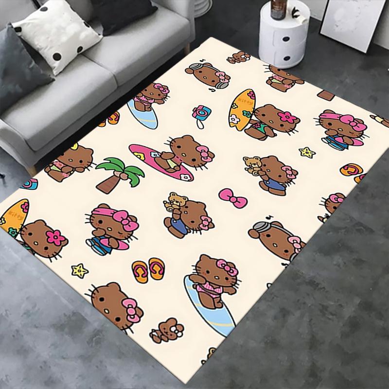 Office Rug Hello Kitty, Summer Activities Anti-Slip Rug, Machine Washable for Living Room, Bedroom, Office, Multiple Sizes, Bedroom Mat, Decorative Ma