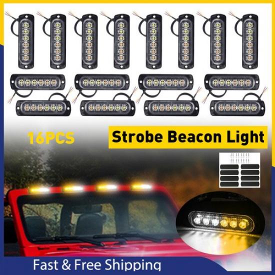 16PCS 12-24V Amber/White 6LED Emergency Strobe Lights For Truck ATV Front Rear