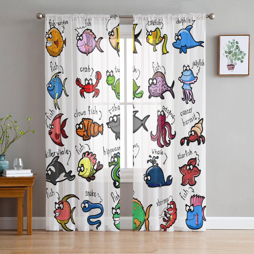 Cartoon-Fisch-Tüll-transparente Fenstervorhänge für Wohnzimmer, Küche, Kinderschlafzimmer, Voile-Hängevorhang