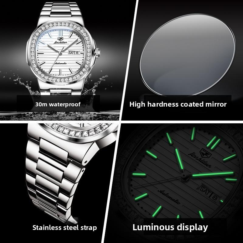 Montre pour homme JINSHIDUN avec montre mécanique automatique à relief horizontal incrustée de diamants