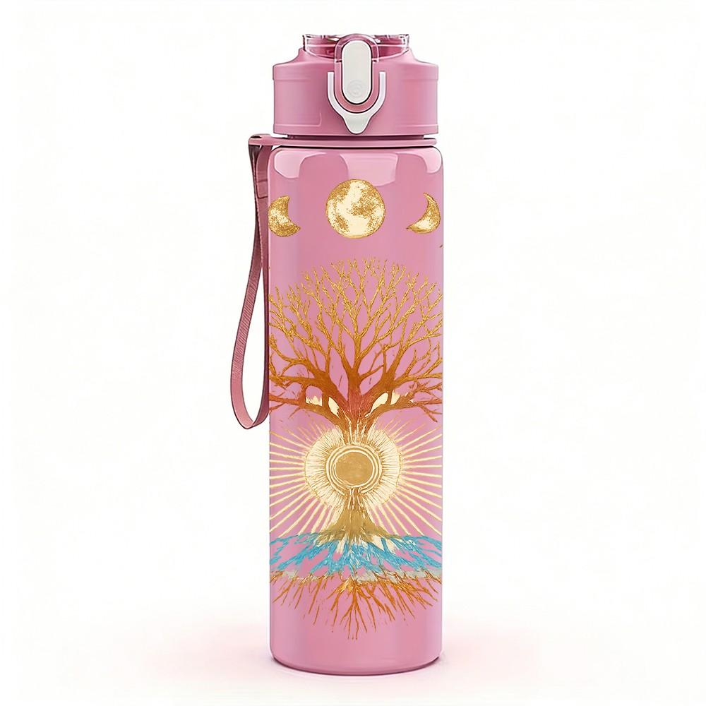 1PC Glowing Tree Of Life Print 750ml Color Plastic Sports Water Bottle Leakproof Flip Straw Lid Suitable for Sports Office Home Use