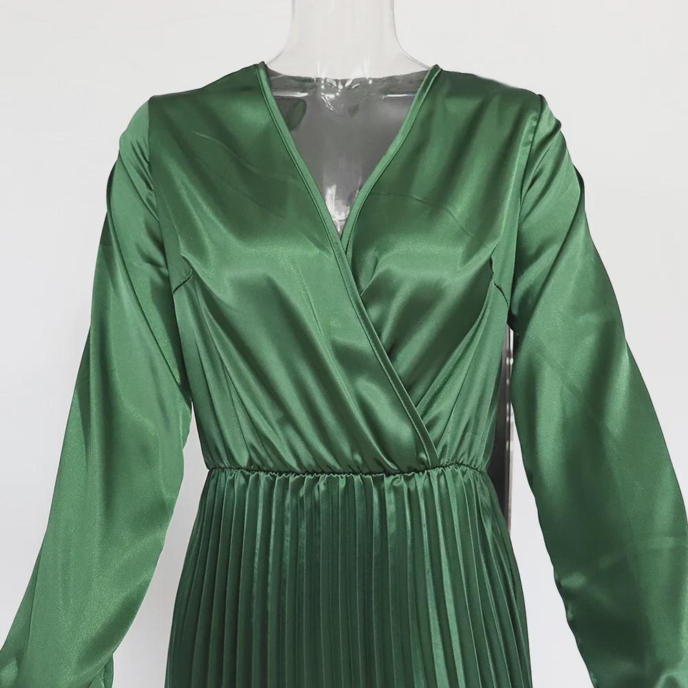 Herbst Damen Langarm V-Ausschnitt Plissiert Einfarbig Modekleid