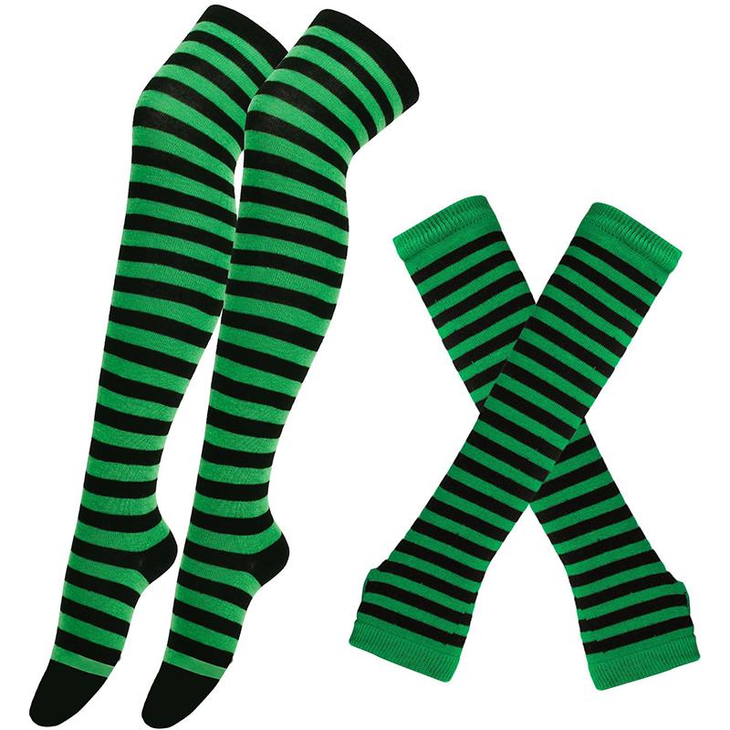 Y2K Women Girls Over Knee Long Stripe Printed Thigh High Cotton Socks Arm Sleeve Gloves 1 Set Overknee Socks Long Gloves 2024