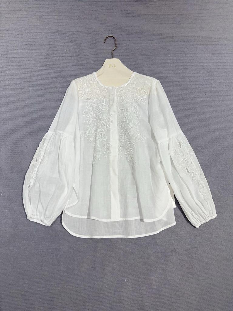 Spring 2026 French Embroidery Linen Shirt with Lantern Sleeves - Casual Vacation Style