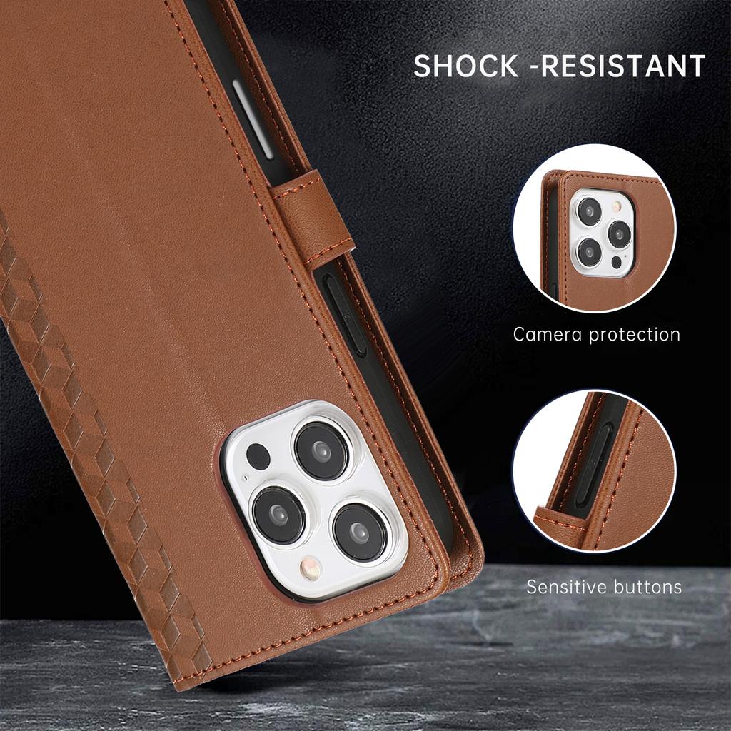 For iPhone 15 Pro Max Case 3D Rhombus Grid Imprinted Wallet Leather Phone Cover with Lanyard