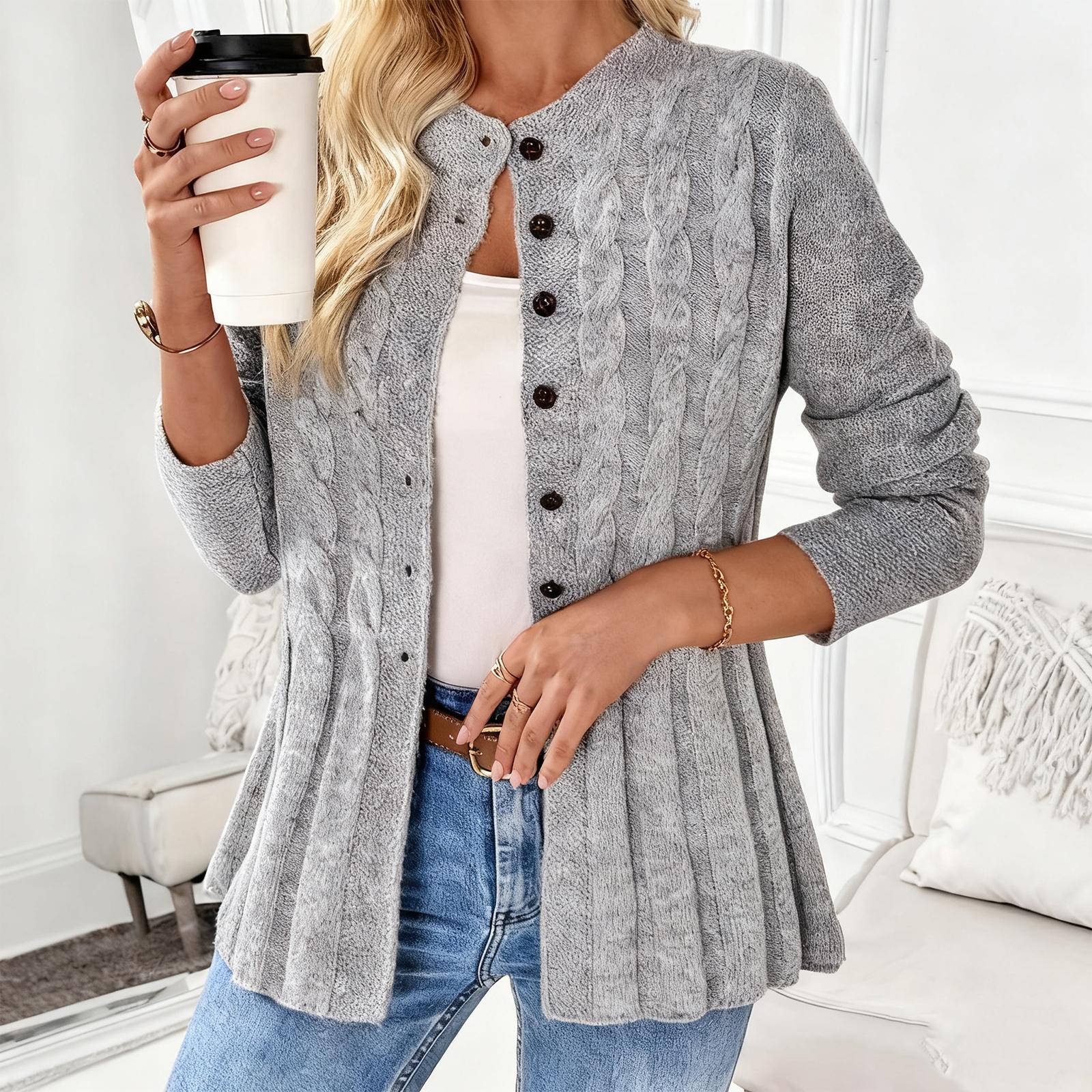 

Женский однобортный повседневный кардиган крупной вязки с длинными рукавами и круглым вырезом, однотонное теплое пальто XL