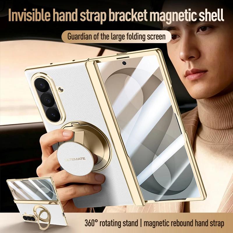 Luxus PU-Lederhülle für Samsung Galaxy Z Fold8 Fold 8 Ultra Drehbarer Magnetischer Ständer Handschlaufe Metall-Linsen-Glas-Bildschirmabdeckung