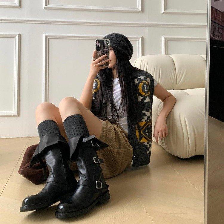 Korean version of fashion boots women's versatile Martin boots long tube 2025 autumn new buckle casual high boots children