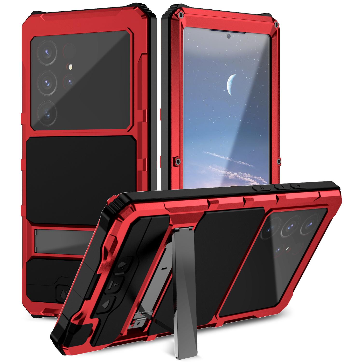 

R-JUST For Samsung Galaxy S24 Ultra Shockproof Case Kickstand Drop-proof Cover Tempered Glass Film Red